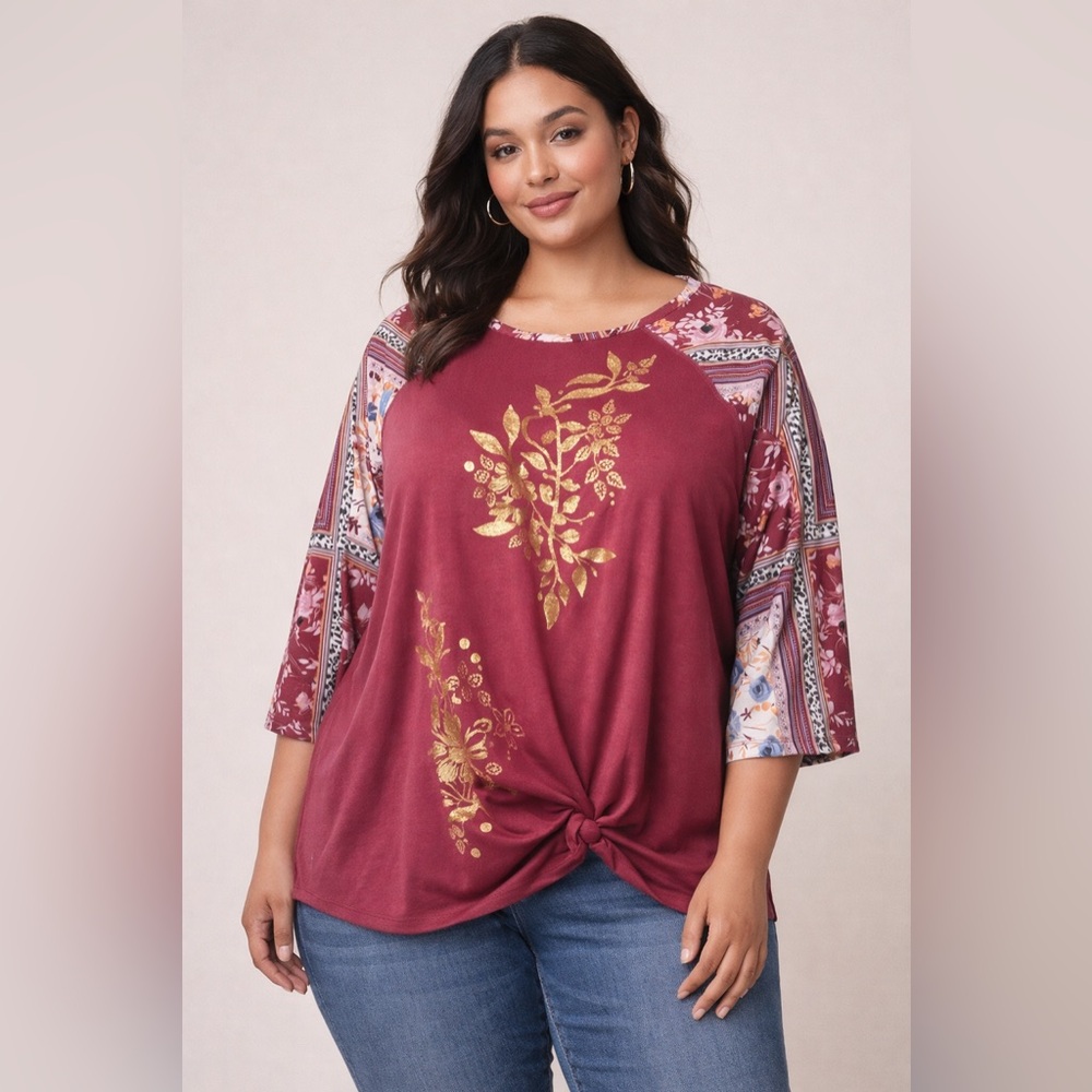Avenue Plus Size 18/20 Boho Floral Knot Front Top Maroon Gold 3/4 Sleeve